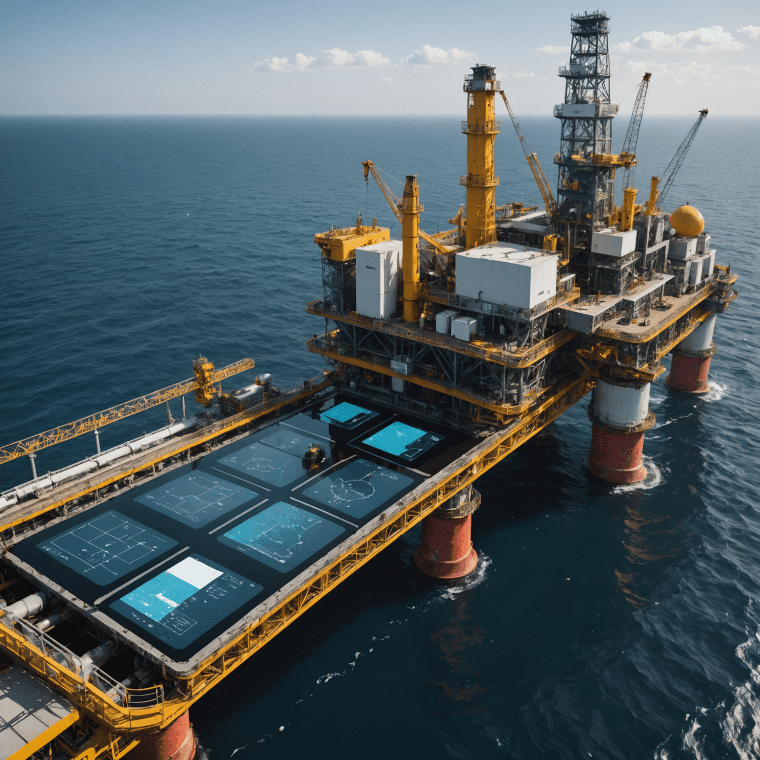 Imagen de una plataforma petrolera con paneles de control digital y gráficos de análisis ambiental superpuestos, ilustrando la integración de la analítica de datos en la producción de petróleo