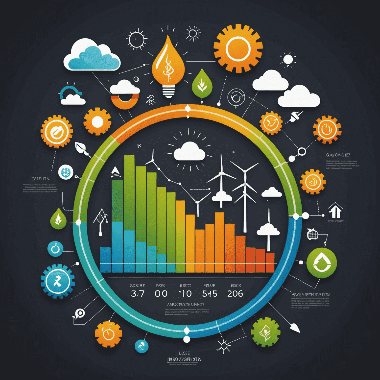 Gráfico que muestra la reducción de emisiones y mejora en la eficiencia energética a lo largo del tiempo, con iconos de análisis de datos y símbolos de sostenibilidad